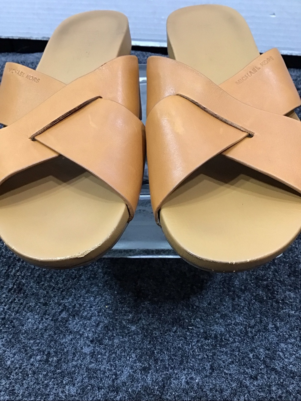 Michael Michael  Kors Cognac Somerly Leather Crossband Slide Sandals 7.5 - Picture 4 of 9